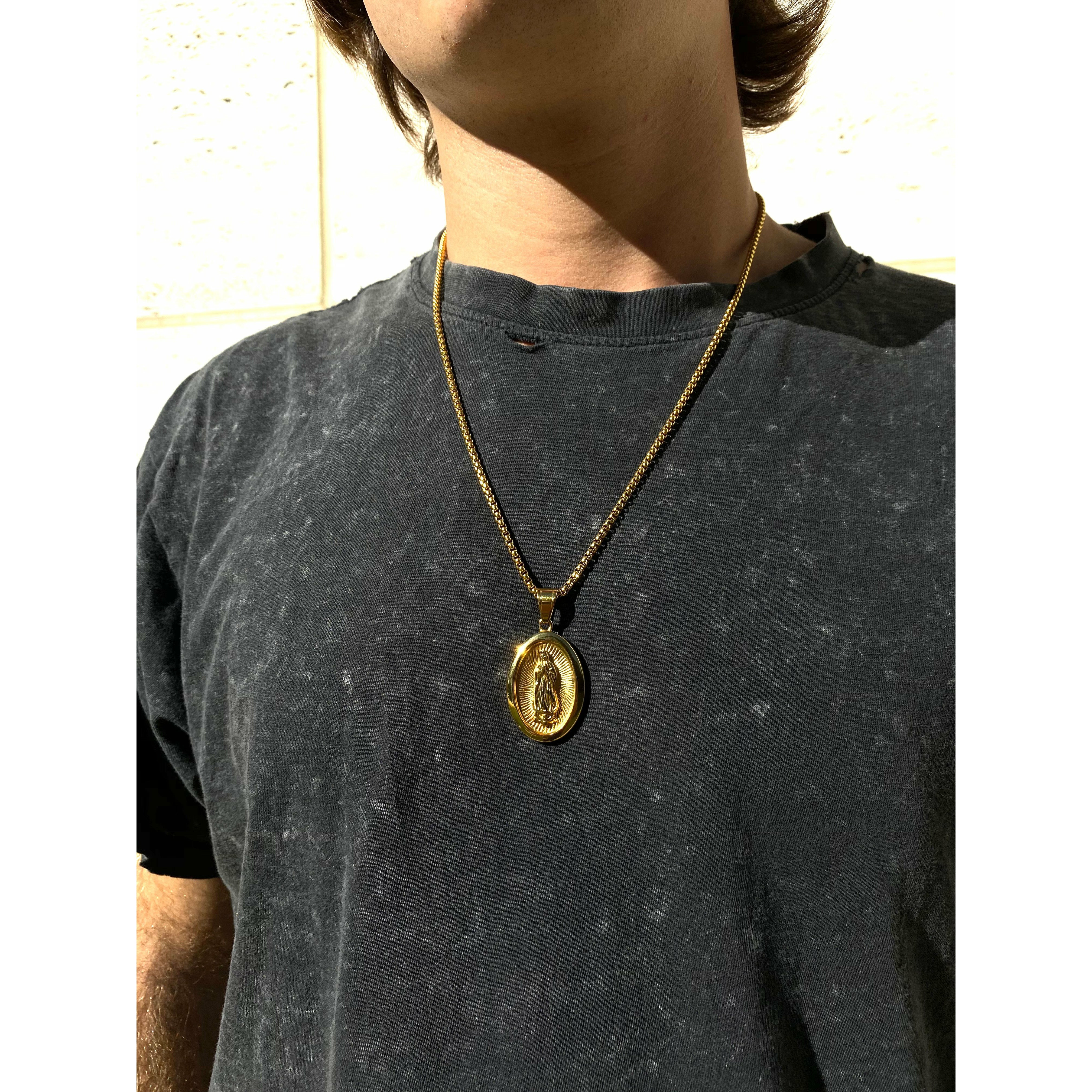 Gold Guadalupe Pendant and ball Chain Modeled